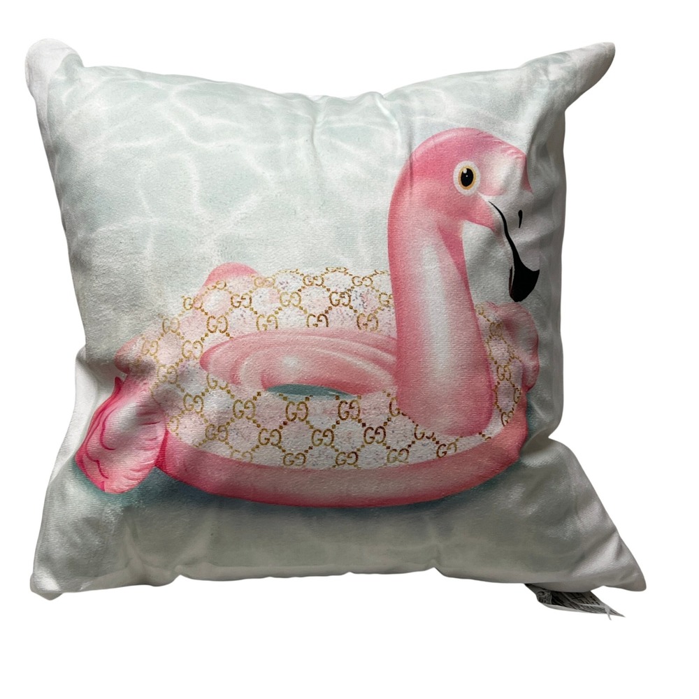 Pink Flamingo Pool Float Throw Pillow 18x18 Tropical Preppy Coastal Decor
